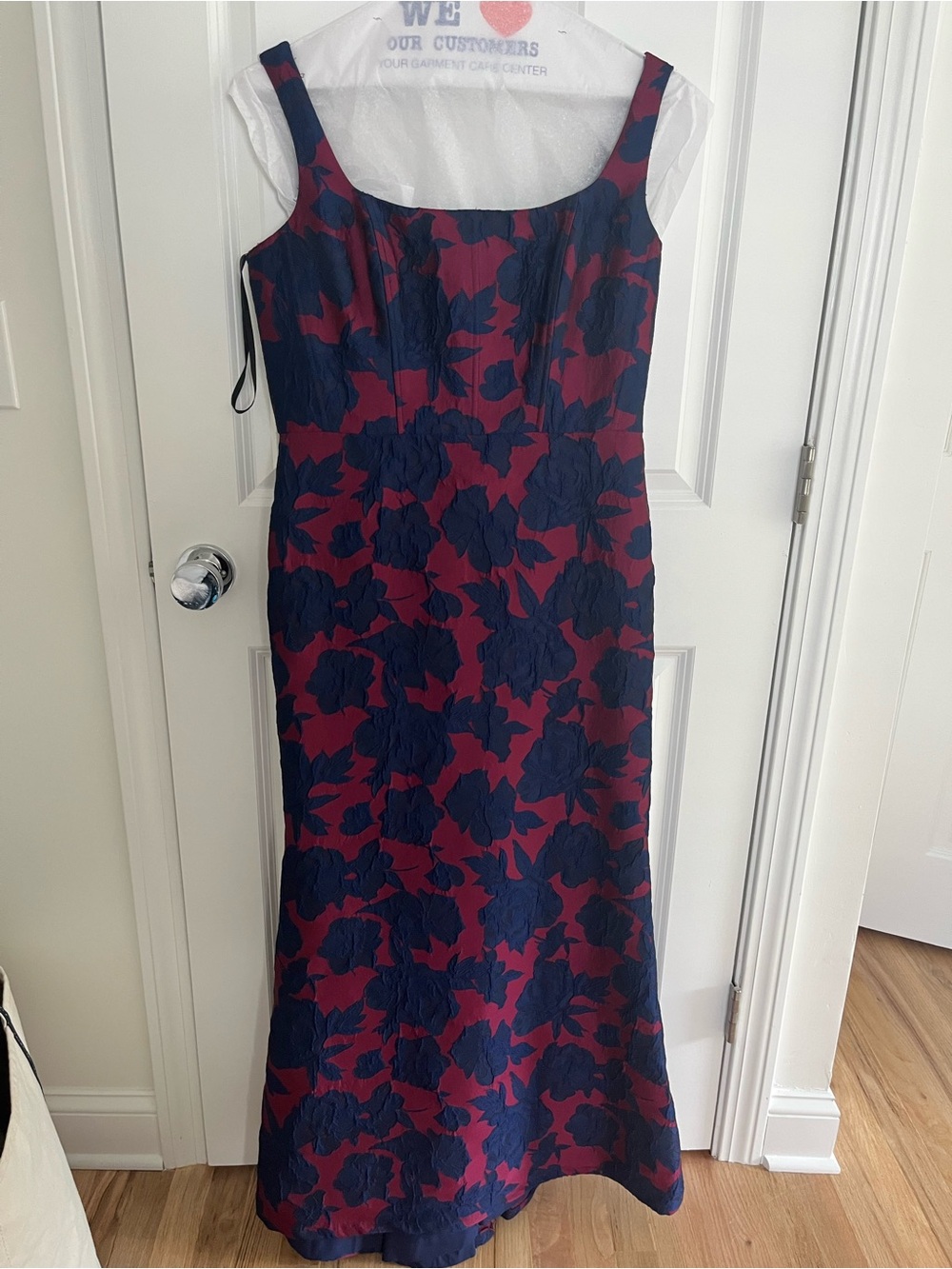 Dessy Collection Navy and Burgundy Floral Jacquard Sleeveless Trumpet Gown - Picture 2 of 8